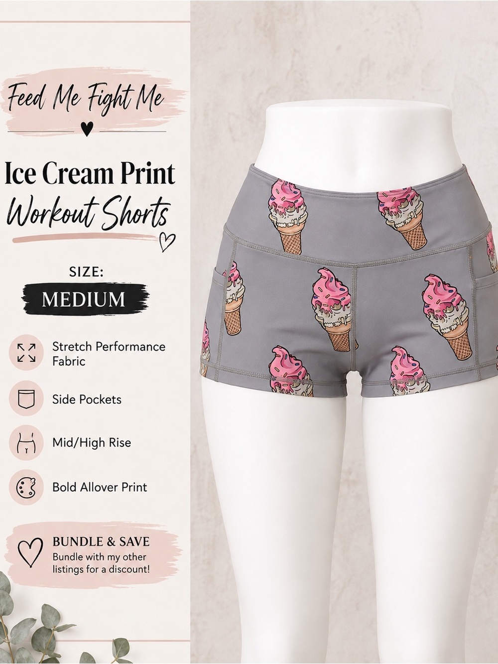 Feed me fight me medium ice Cream Print Gray Workout Shorts - fmfm